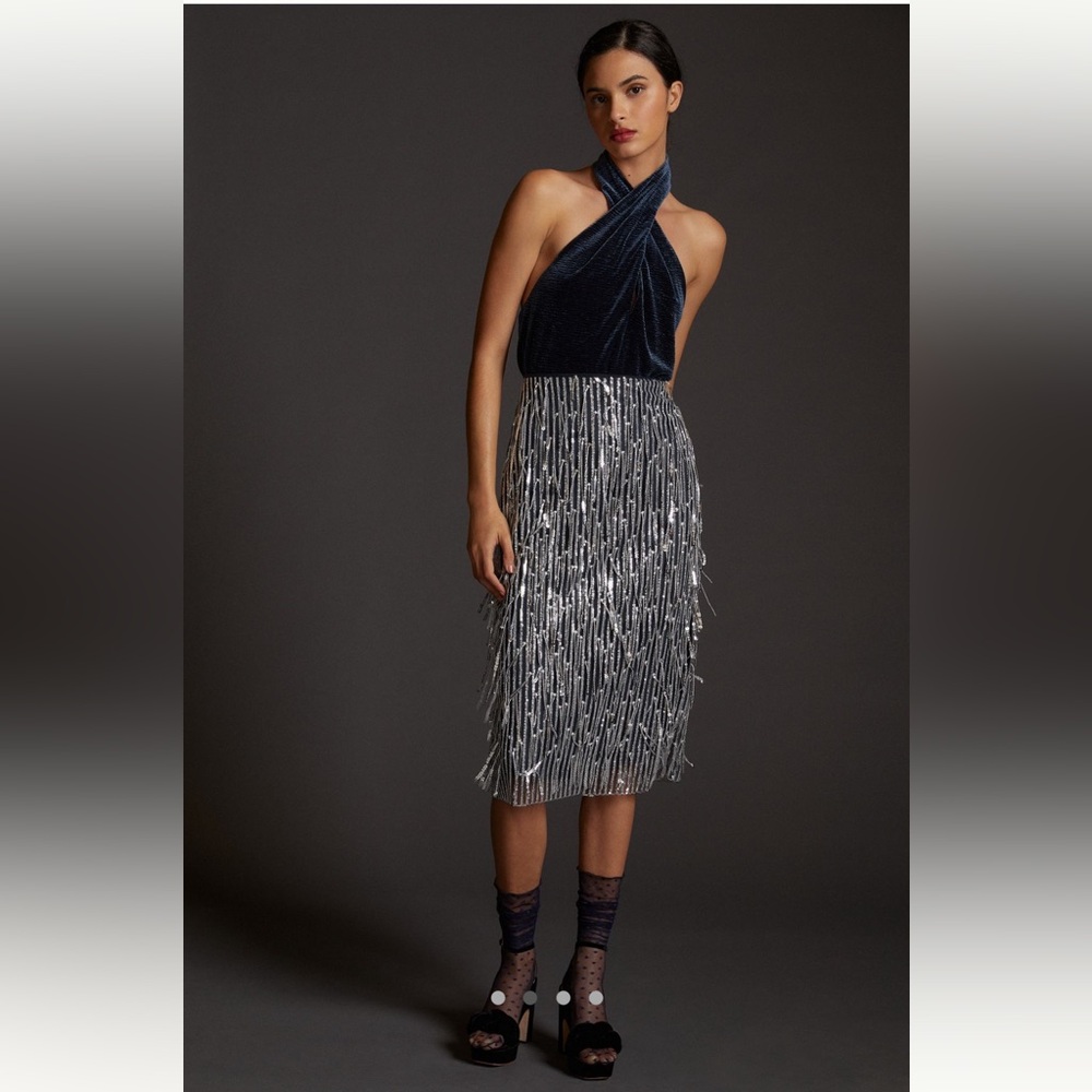 Anthropologie Maeve Fringe Sequined Midi Skirt